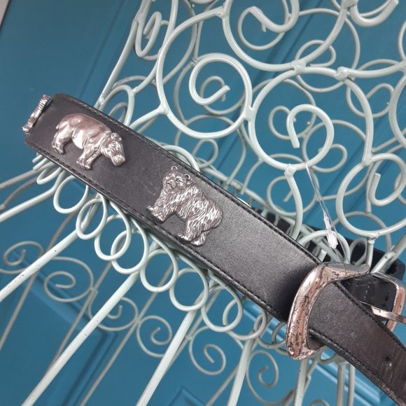 Genuine Leather Belt Metal Studded Silver Animals Lion Hippo Bear Zebra Whale main image 10